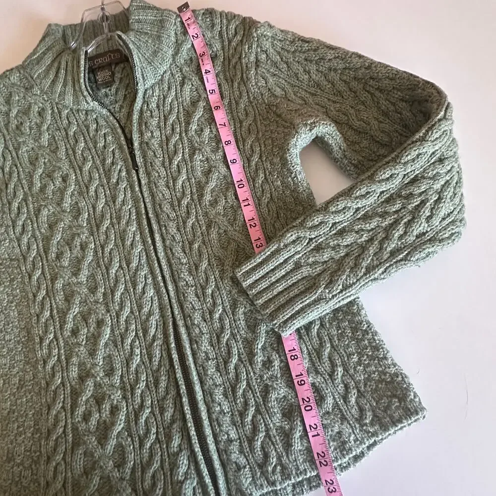 Inis Crafts Full Zip Fishermans Cardigan Womens Large Green Merino Wool Sweater